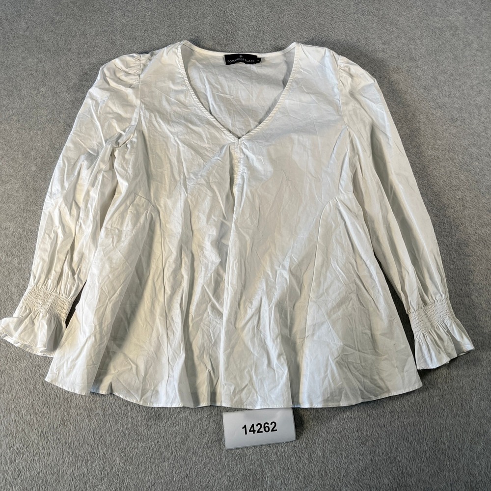 Pomander Place Tunic Top Womens Medium White Cotton Stretch V-Neck Peplum Cuff